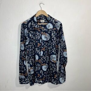 Vintage Disco Dagger Collar Blue Squirrel Mushroom Nature Button Shirt Size XL